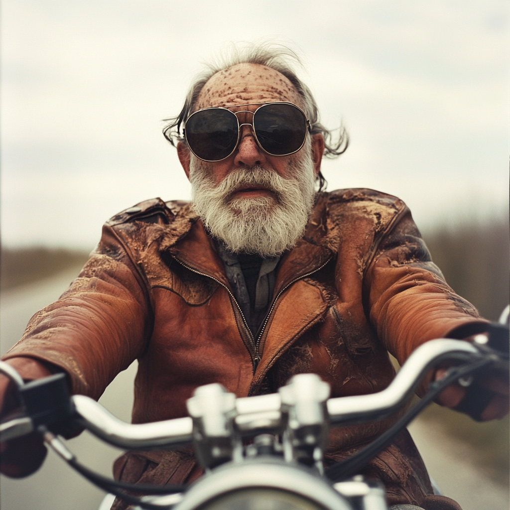 An old man driving his motorcycle
