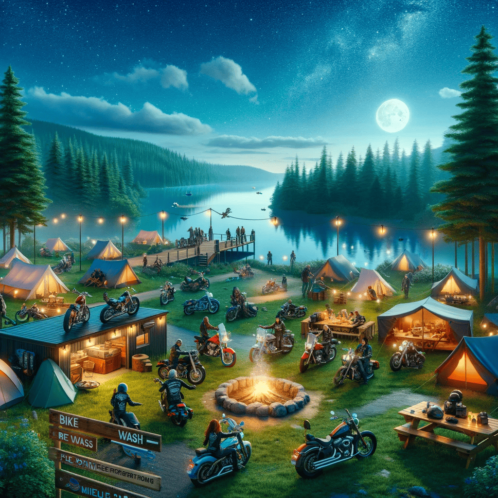 Un camping pittoresque adapté aux motocyclettes, au bord d'un lac serein, sous un ciel étoilé. Le camping est animé alors que des motards installent leurs tentes