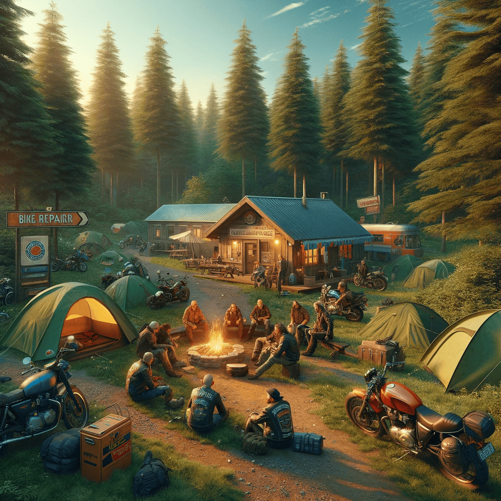 Un camping idyllique adapté aux motos, situé dans une forêt verdoyante avec un ciel bleu clair. La scène comprend un groupe de tentes installées sur un terrain plat et stable.