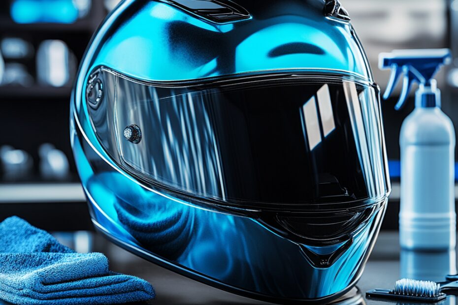 "Shiny motorcycle helmet and cleaning supplies"