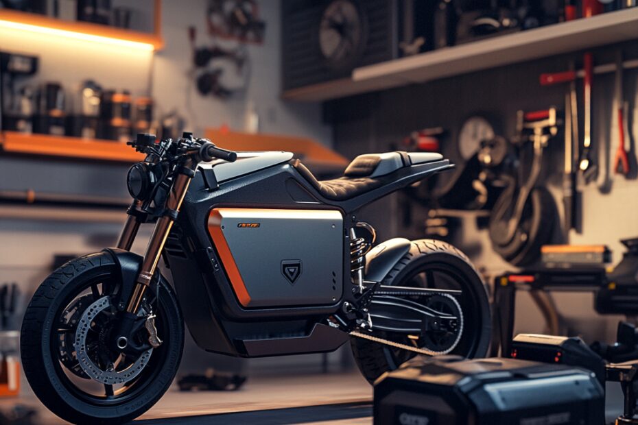 "Modern Lithium Motorcycle Battery in Garage"