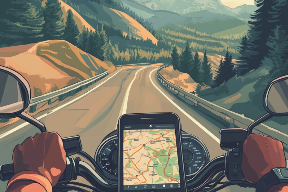 "Phone-Mounted Motorcyclist on Scenic Highway"