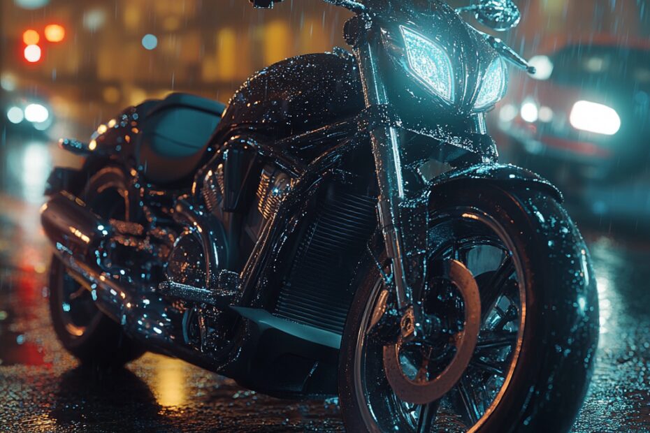 "Wet Motorcycle Close-Up"