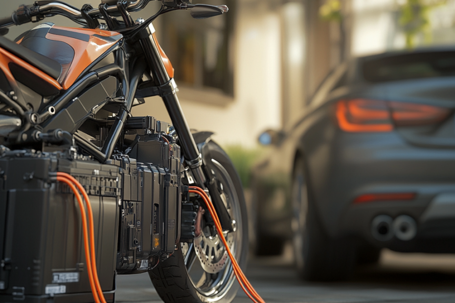 Batterie de moto chargée par une batterie de voiture, câbles connectés, vue en détail, style réaliste - Jour ensoleillé