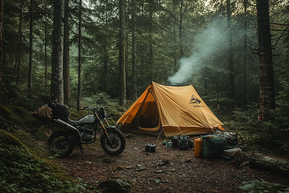 "Campement motocamping Jetboil en forêt"