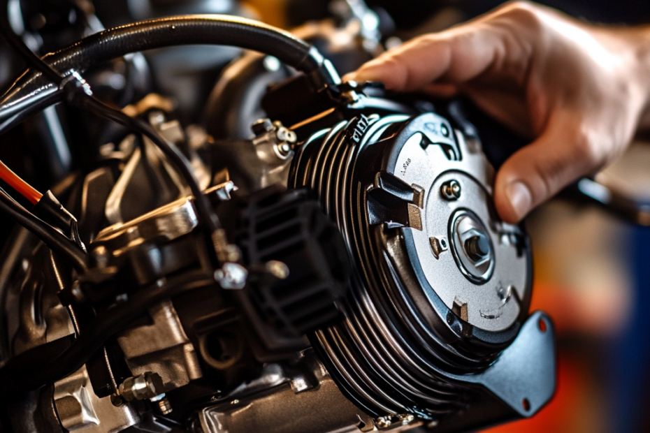 Moteur de moto moderne avec alternateur - Inspection par le mécanicien.