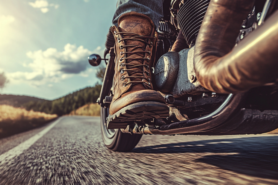 Bottes en acier sur moto vintage