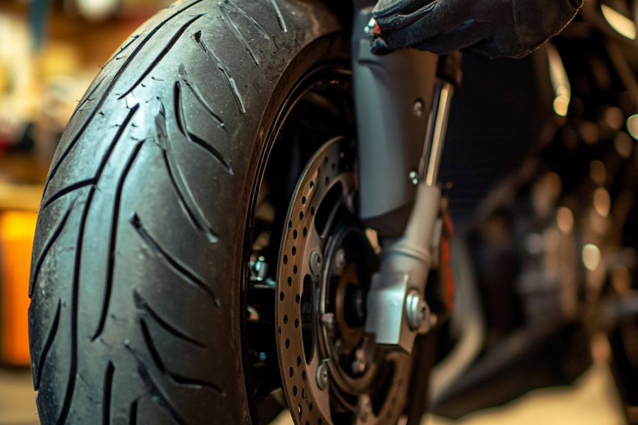 "Motorcycle Tire Repair in Bright Daylight"